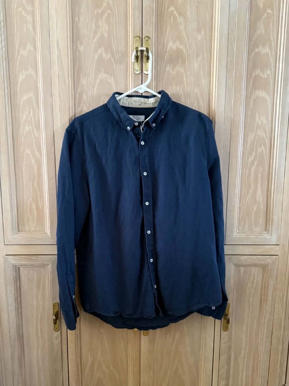 Bershka Men’s M Navy Cotton Linen Button Down Shirt Contrast Detail